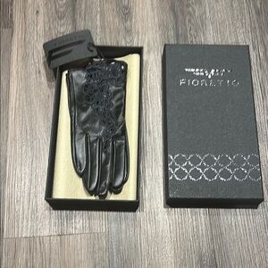 Black Leather Gloves with Lace Accent